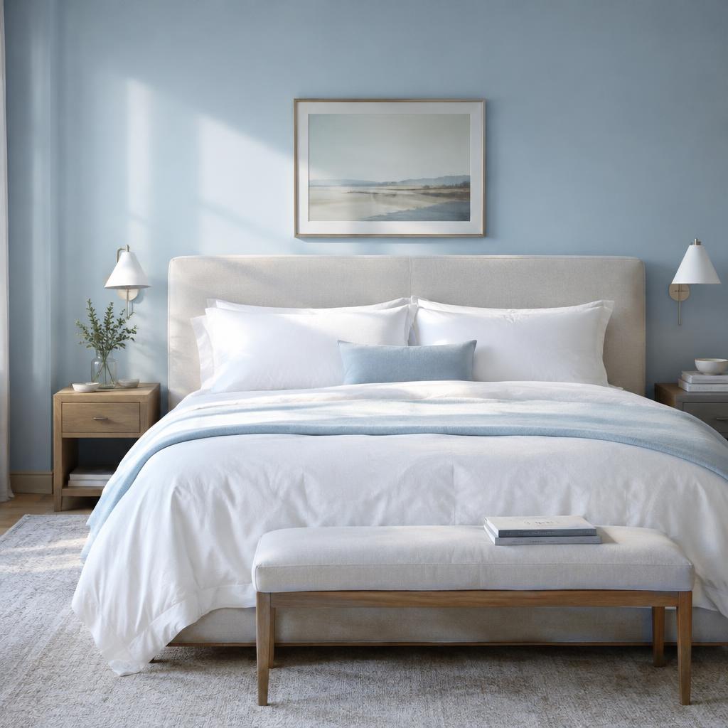 Calm bedroom with powder blue walls and white linen