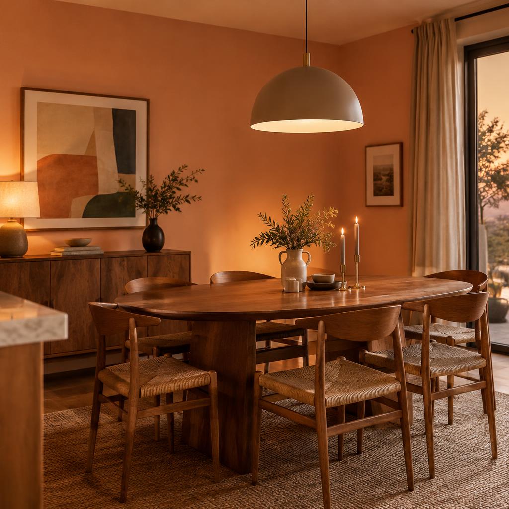 Dining room with peach walls and a wooden table