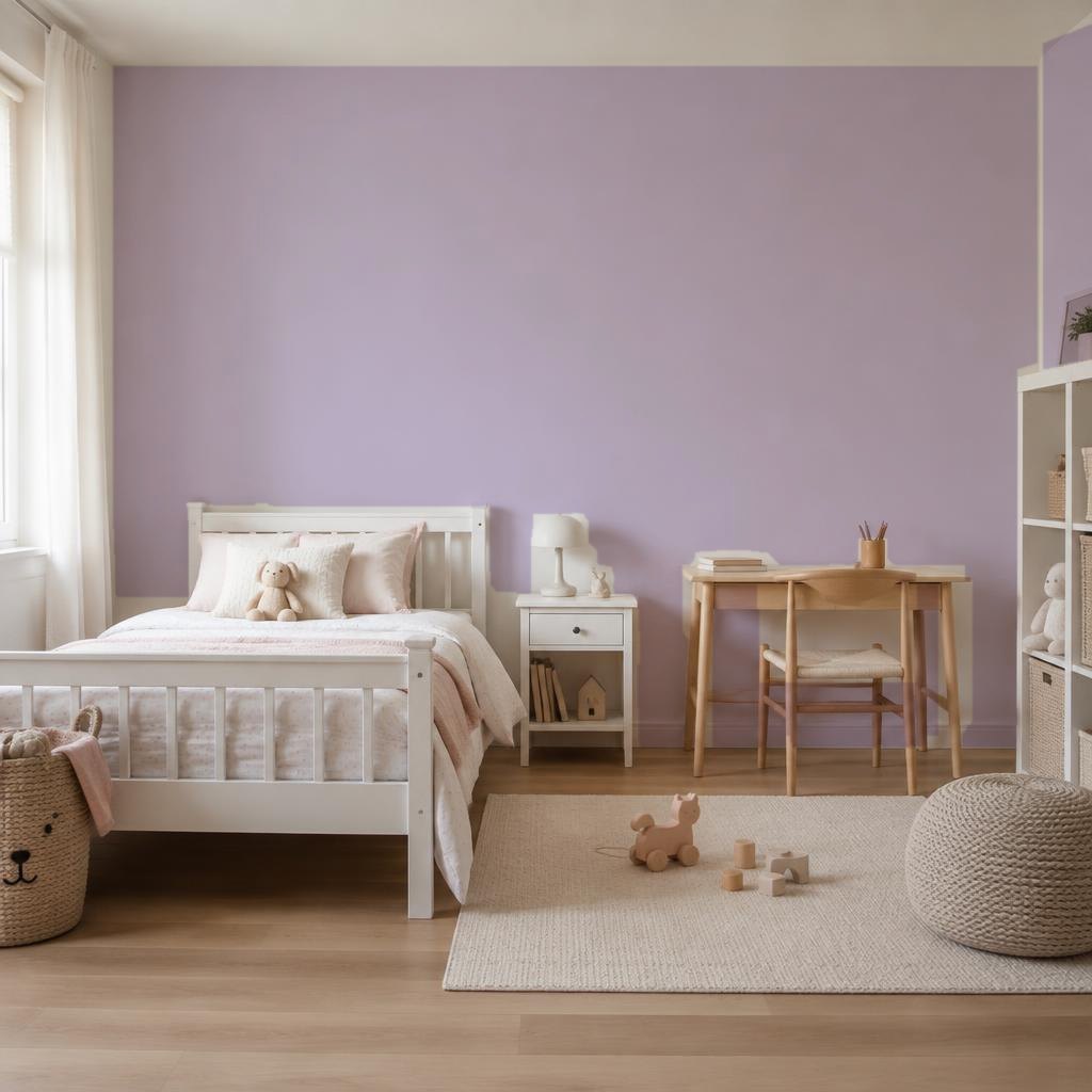 Bright kids' bedroom with soft lavender walls and a white bed