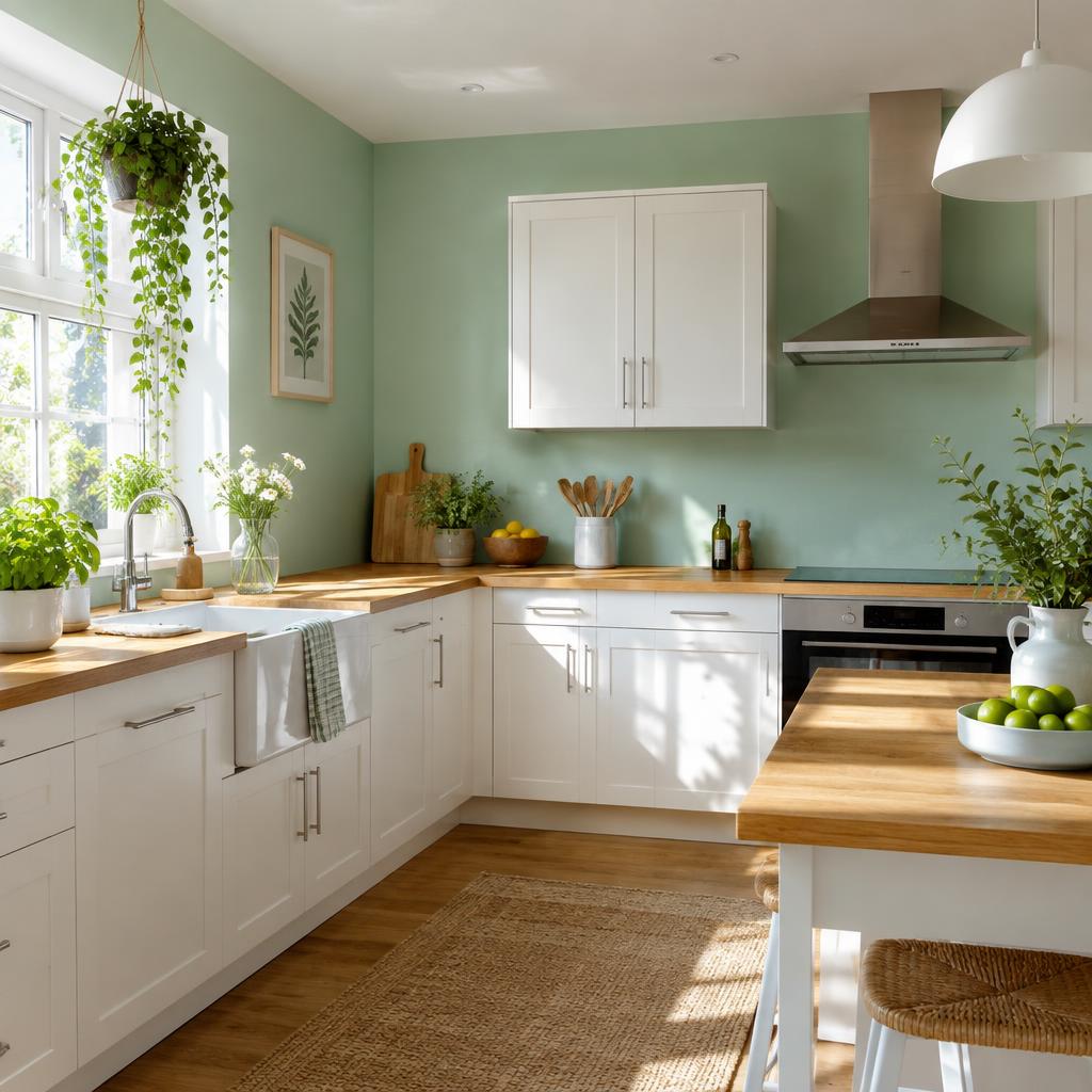 Bright kitchen with mint green walls and white cabinets