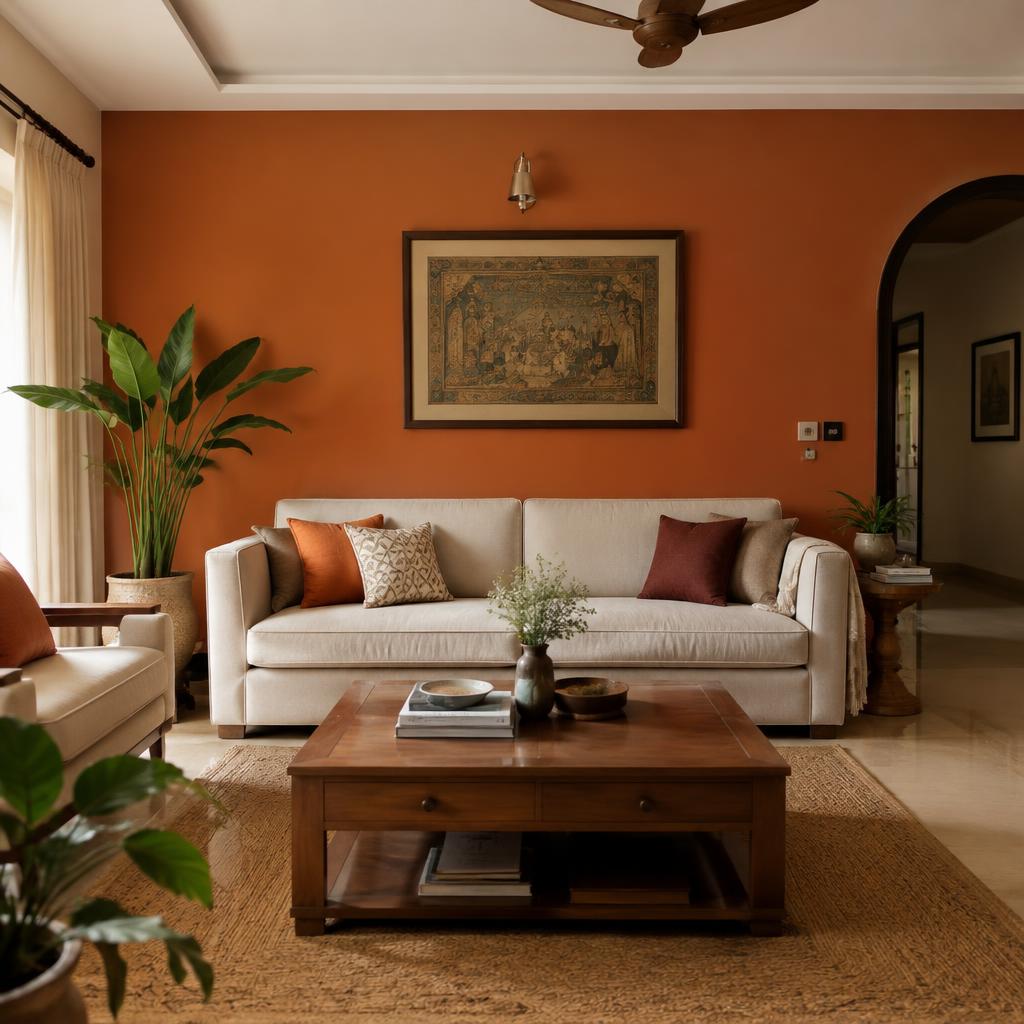 Living room with a terracotta feature wall and cream sofa